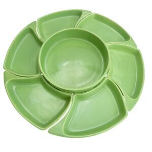 Vintage Mid Century Chip Dip Party Retro Hosting Condiment Plates Green